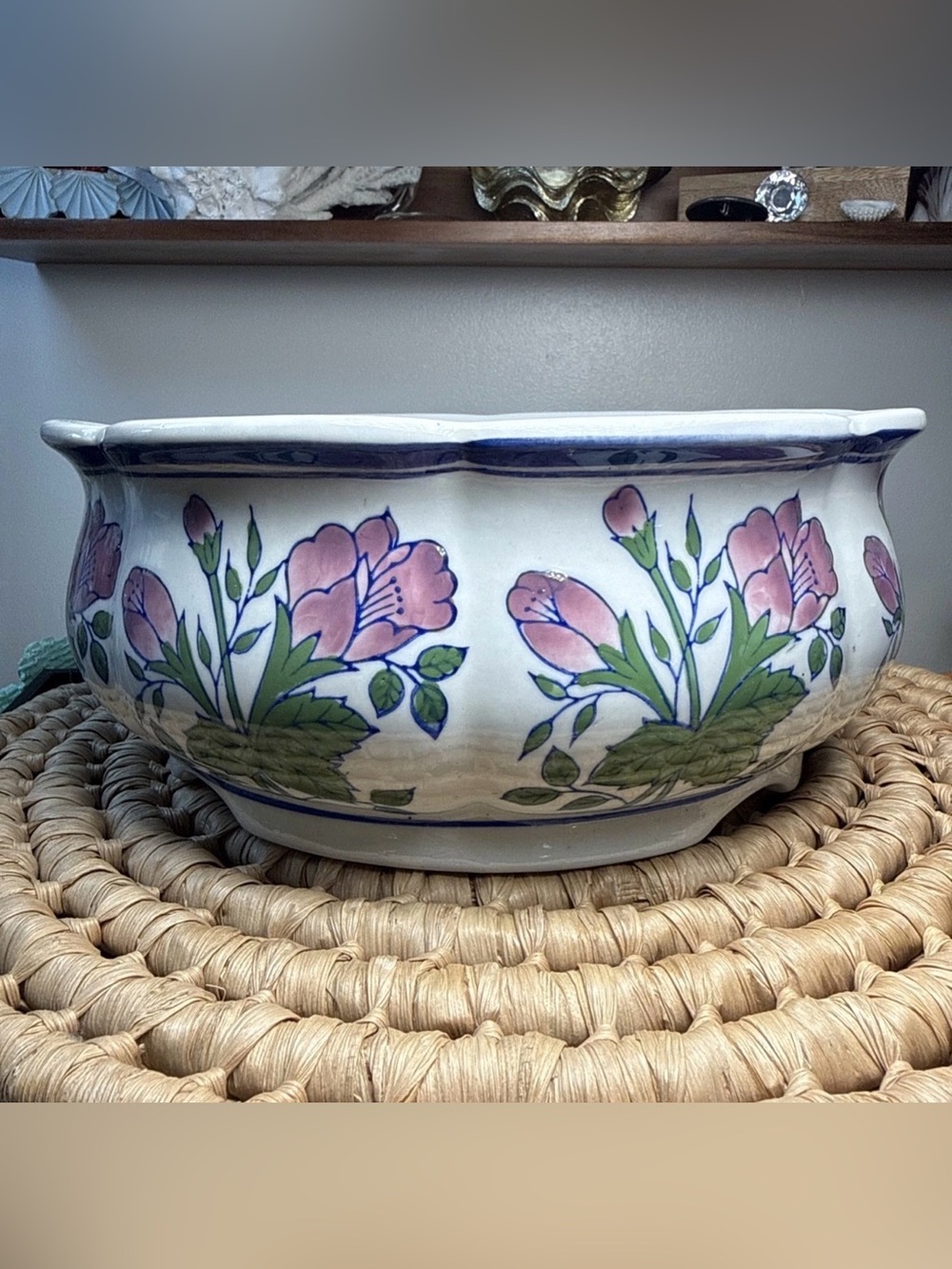 Vintage Floral Planter 12" AAA Imports Inc Decoware Ceramic Large Round